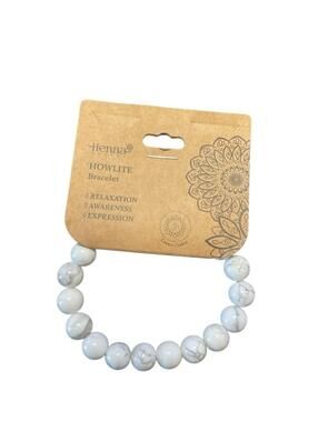 Henna Shoppe Howlite Bead Bracelet White Gray Marble 10mm Stretch NWT Boho
